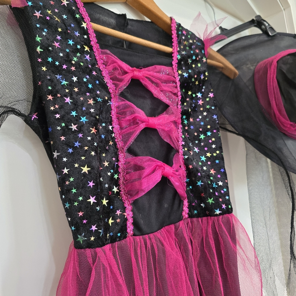 Witches Costume Girls Dress Children's Witch Hat Pink Black Stars Halloween